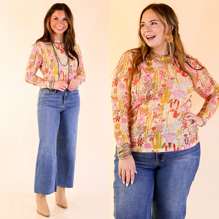 Western Dream Cacti Print Mesh Long Sleeve Top in Cream, Olive Green and Pink