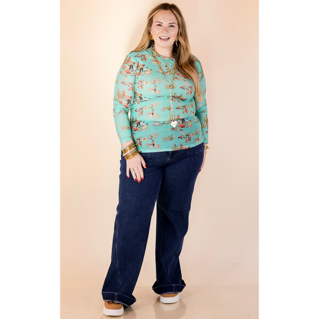 Western Dream Cowboy Cattle Drive Print Long Sleeve Mesh Top in Turquoise Blue