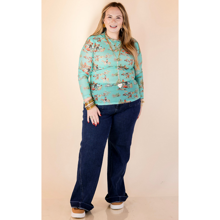 Western Dream Cowboy Cattle Drive Print Long Sleeve Mesh Top in Turquoise Blue