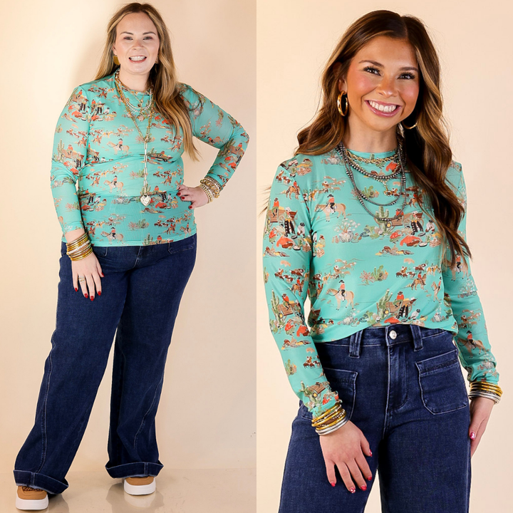 Models are wearing cowboy cattle drive print long sleeve mesh top and blue jeans on a beige background.