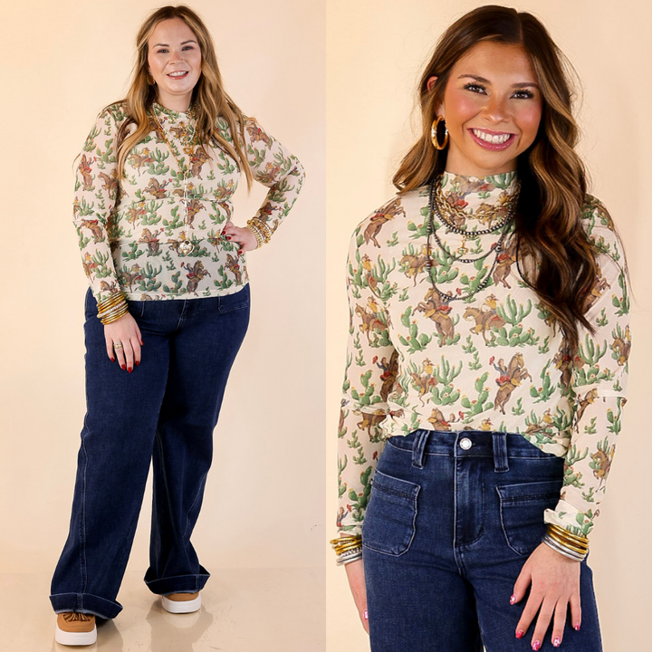 Models are wearing cowboy and cacti print long sleeve mesh top in ivory on a beige background.