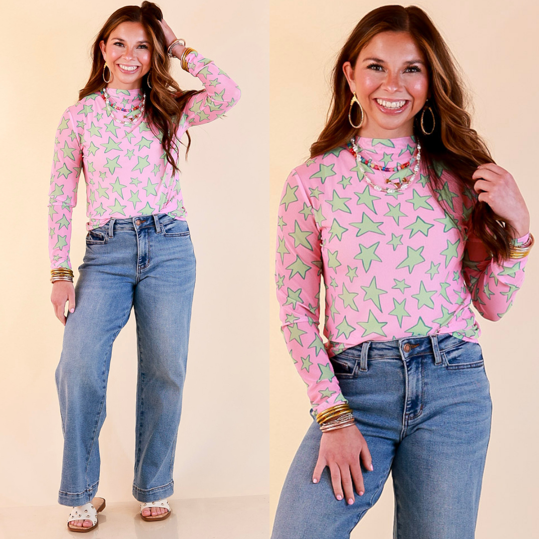 Western Dream Green Star Print Mesh Long Sleeve Top in Pink