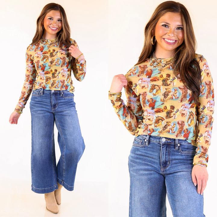 Woman wearing Mesh Long Sleeve Top in Vintage Cowgirl Print top and jeans on a white background