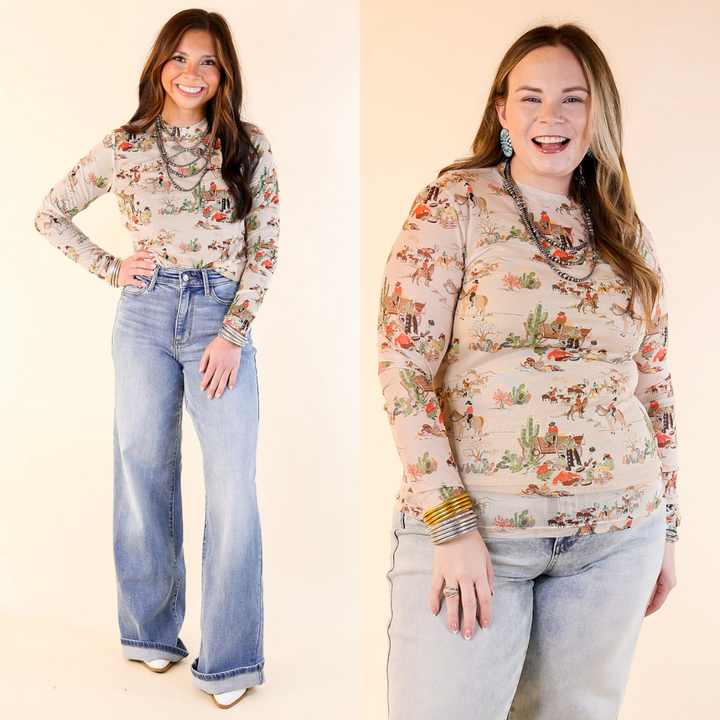 Western Dream Mesh Long Sleeve Top with Retro Western Print in Tan