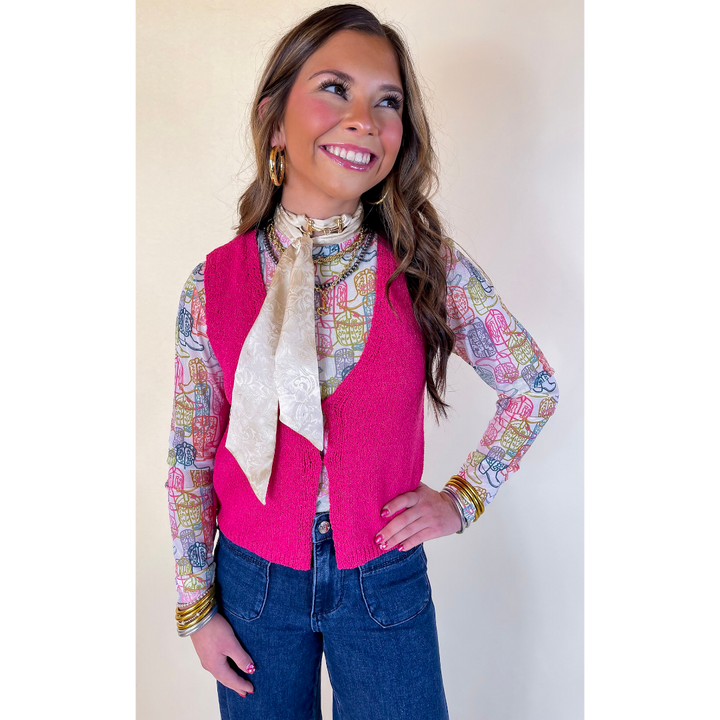 Western Dream Neon Boot Print Mesh Long Sleeve Top in White