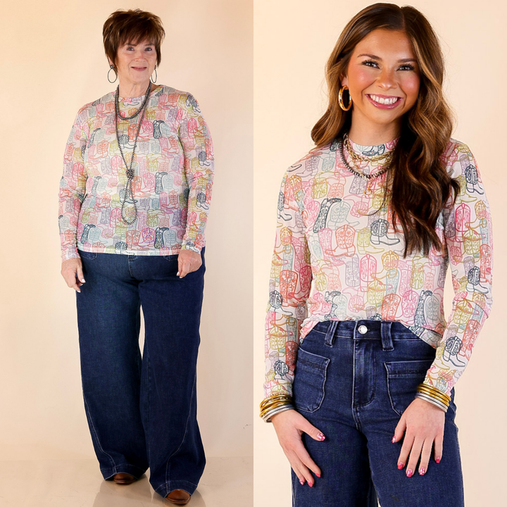 Models are wearing neon boot print mesh long sleeve top and jeans on a beige background