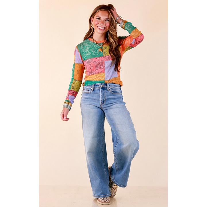 Western Dream Patchwork Paisley Bandana Print Sheer Mesh Long Sleeve Top in Multicolor