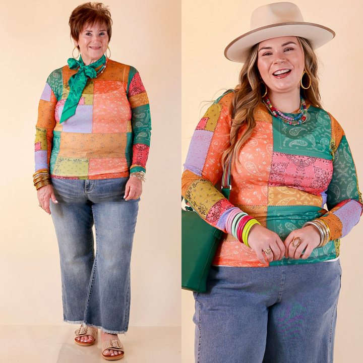 Western Dream Patchwork Paisley Bandana Print Sheer Mesh Long Sleeve Top in Multicolor