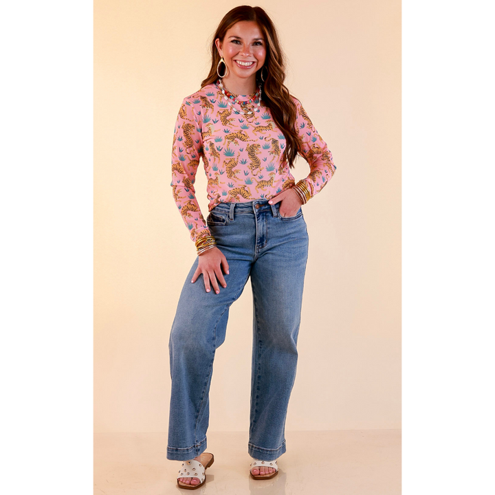 Western Dream Tiger and Floral Print Mesh Long Sleeve Top in Pink