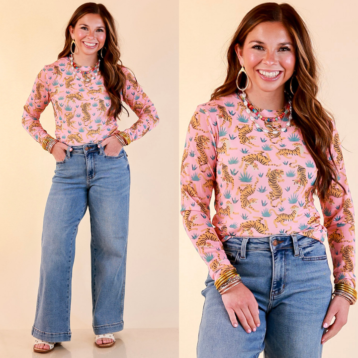 Western Dream Tiger and Floral Print Mesh Long Sleeve Top in Pink