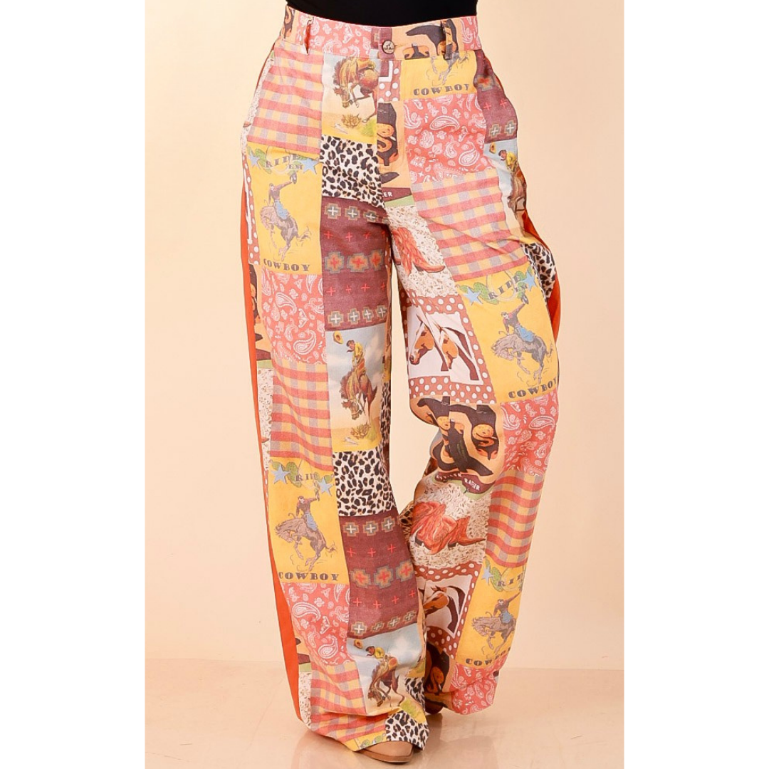 Western State of Mind Wide Leg Patchwork Cowboy Print Pants in Multicolor