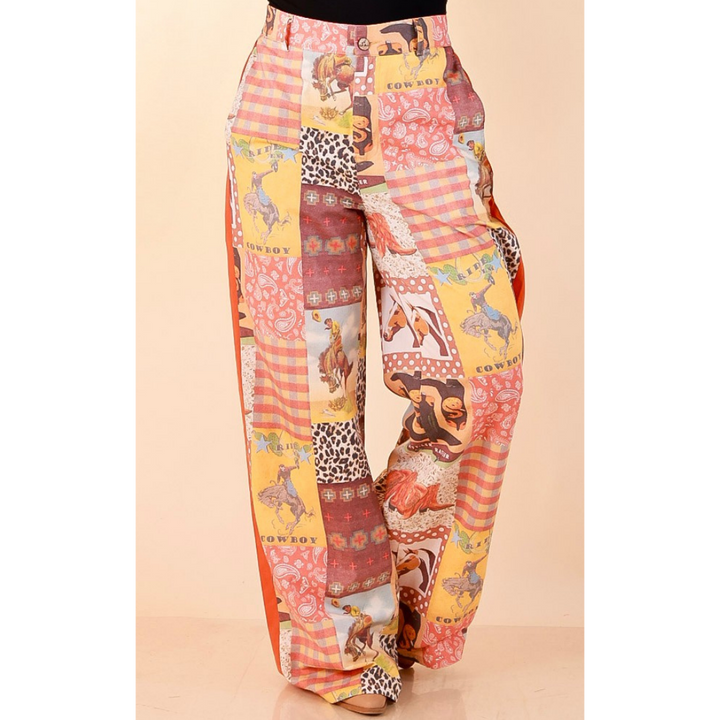 Western State of Mind Wide Leg Patchwork Cowboy Print Pants in Multicolor