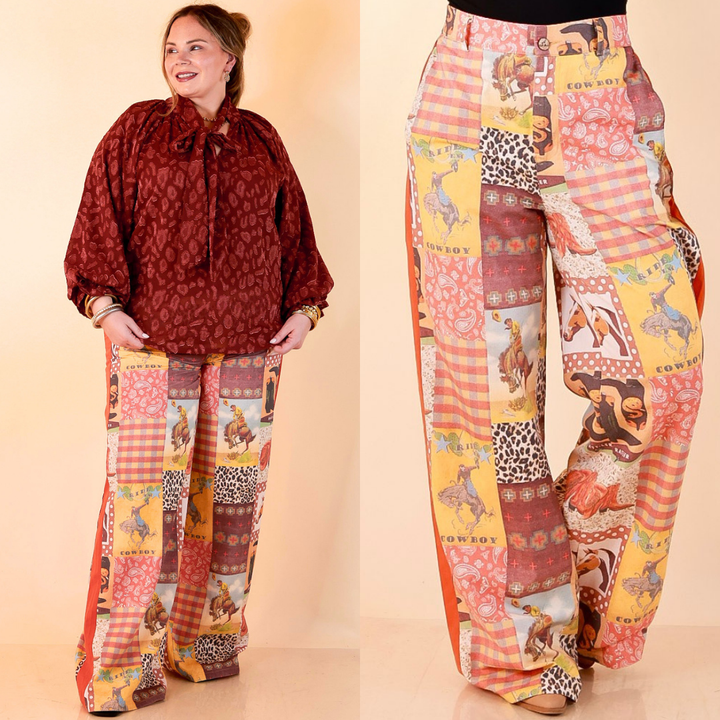 Western State of Mind Wide Leg Patchwork Cowboy Print Pants in Multicolor