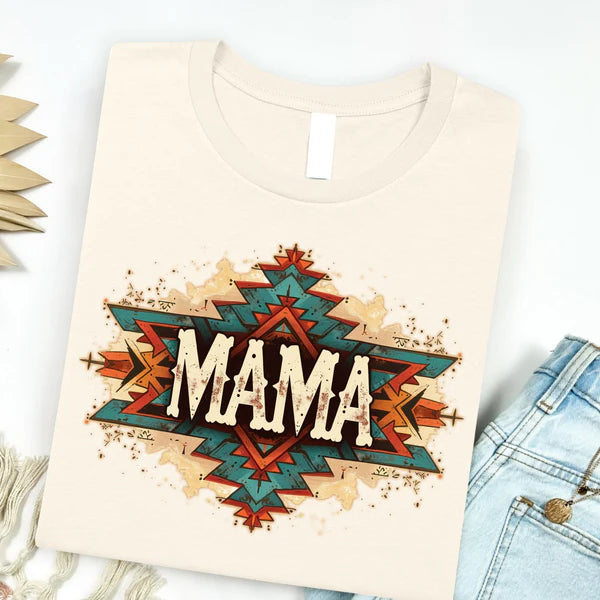 Online Exclusive | Western Aztec Mama Graphic on Short Sleeve Tee in Natural Cream