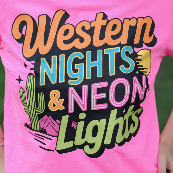 Pink t-shirt with 'Western Nights & Neon Lights' text and cactus graphic