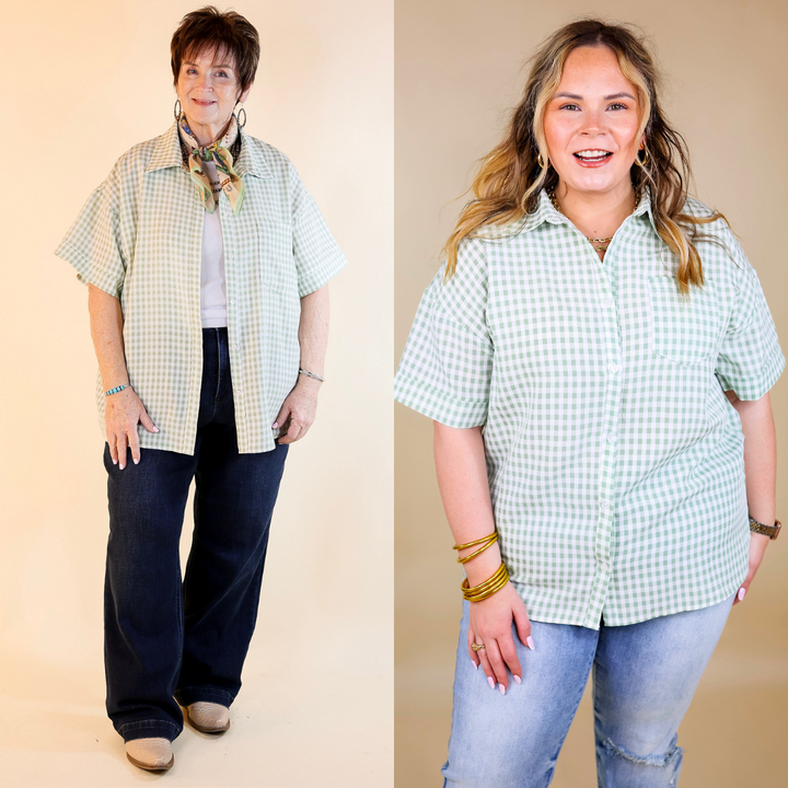 What A Rush Button Up Gingham Short Sleeve Top in Sage Green