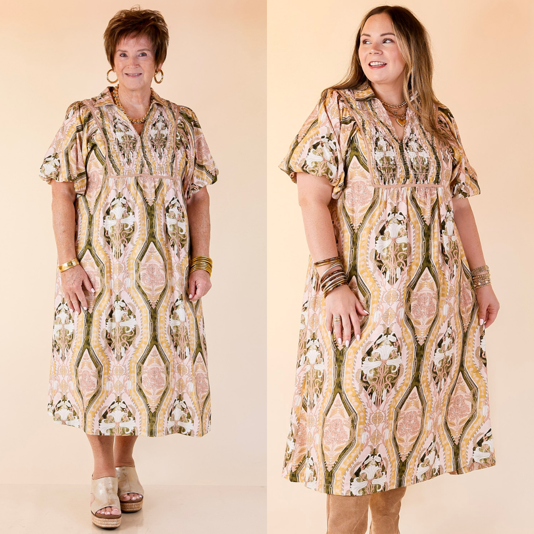 Two women wearing a pink and olive green floral patterned dresses on a beige background.