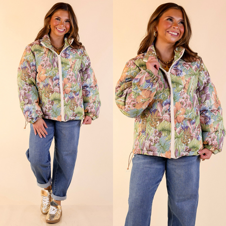 Whispers of Winter Floral Print Zip Up Puffer Jacket in Cream