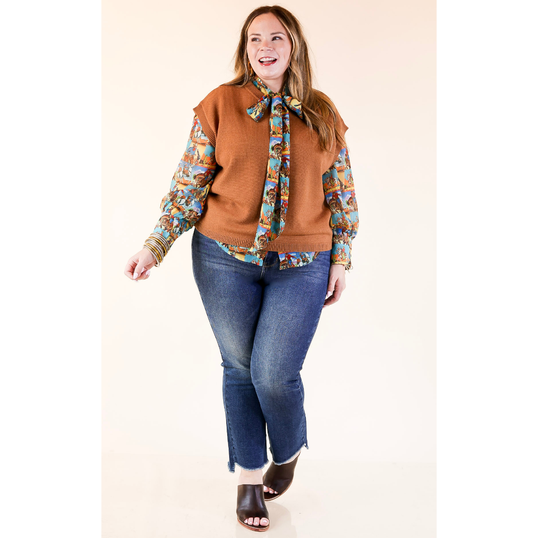 Wild at Heart Bowtie Button Up Collared Mesh Blouse Top with Cowboy Pop Art Print in Blue