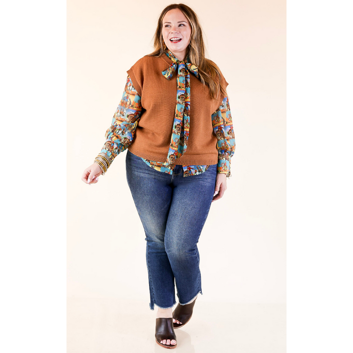 Wild at Heart Bowtie Button Up Collared Mesh Blouse Top with Cowboy Pop Art Print in Blue