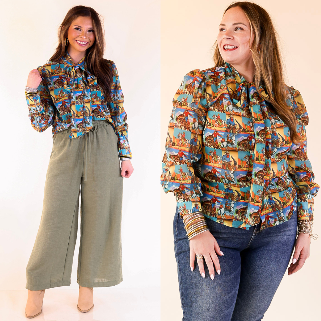 Two women wearing Bowtie Button Up Collared Mesh Blouse with Cowboy Pop Art on a plain background