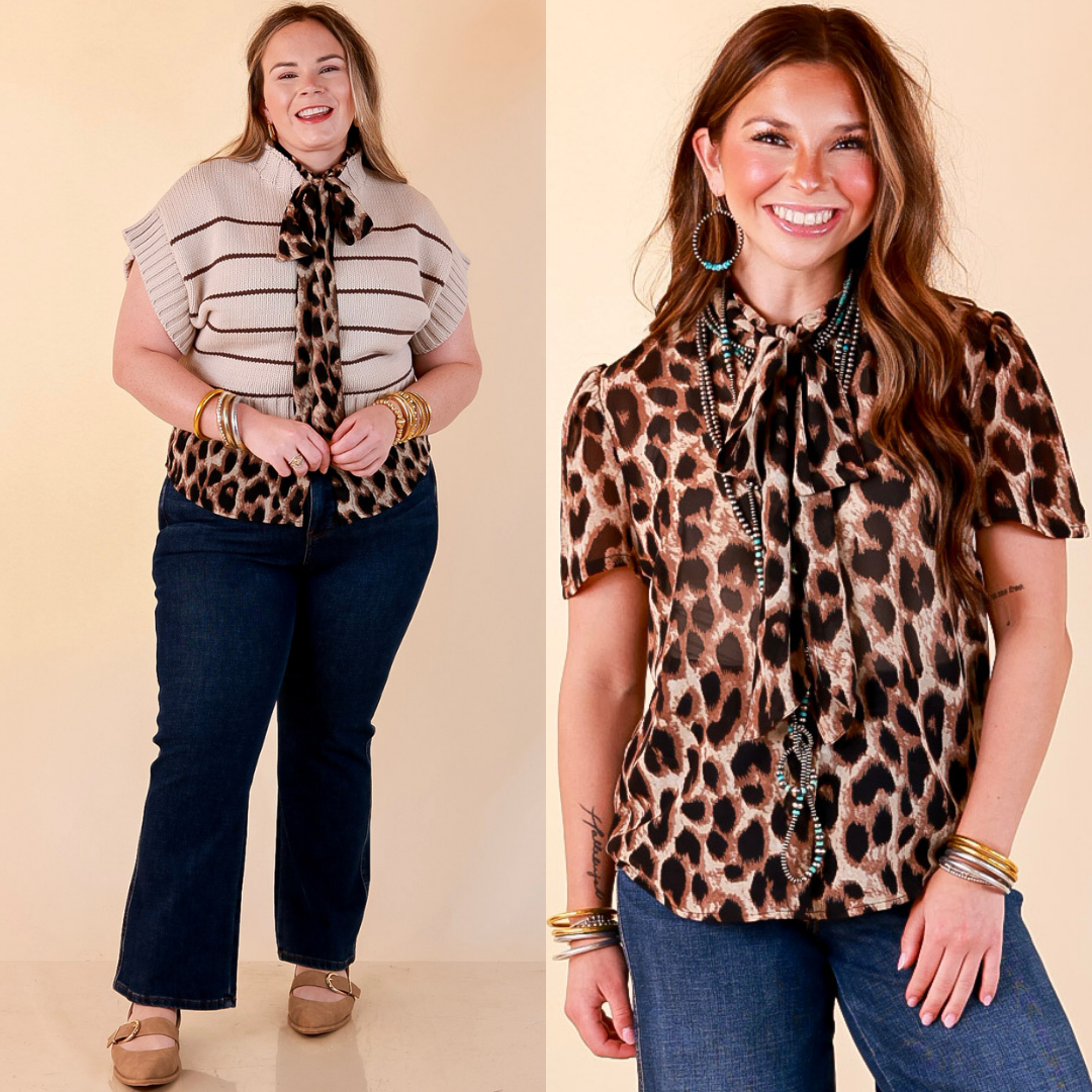 Wild at Heart Bowtie Button Up Mesh Blouse Top with Statement Tie in Leopard Print