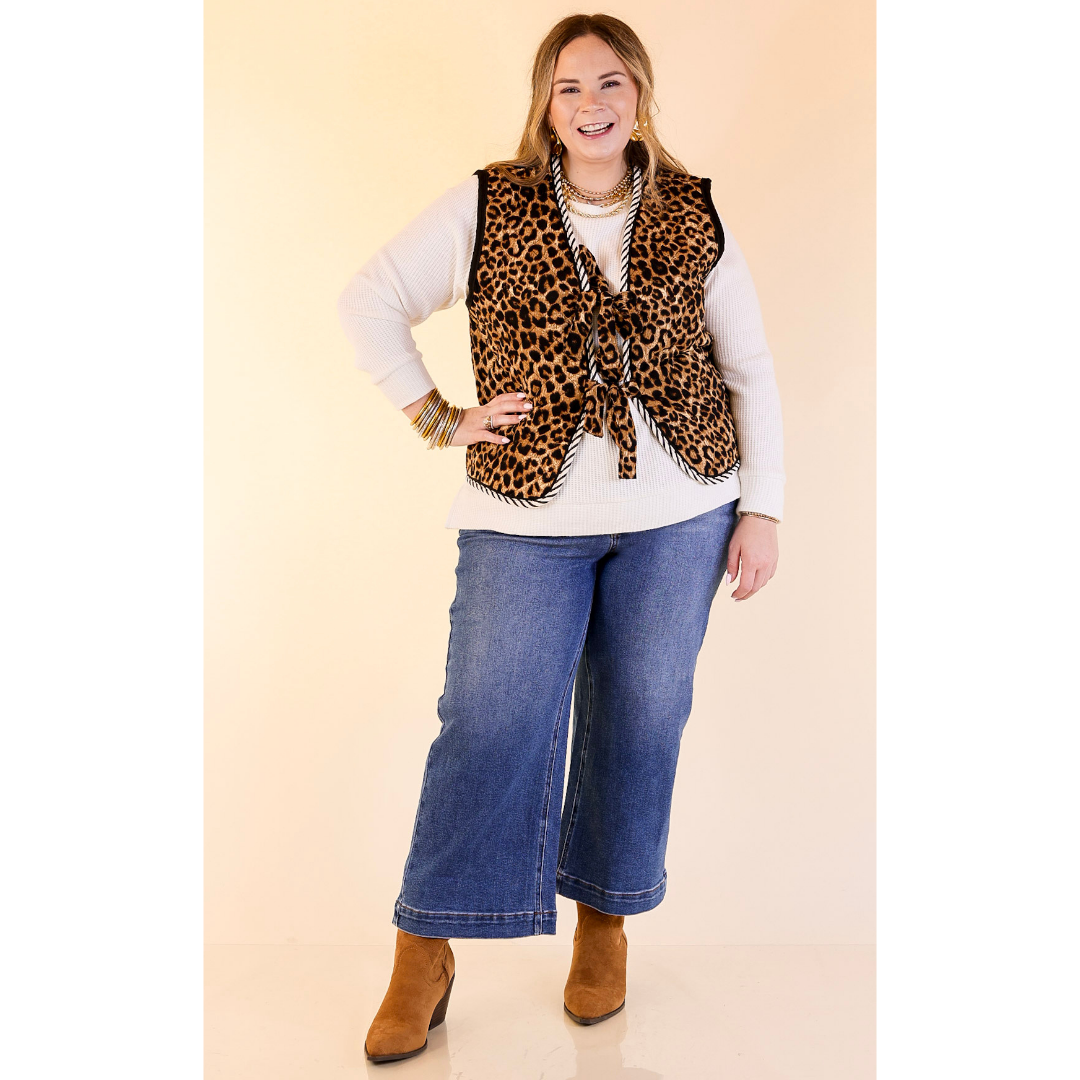 Wildly Chic Quilted Puffer Vest with Stripe Trim and Black Piping in Leopard Print