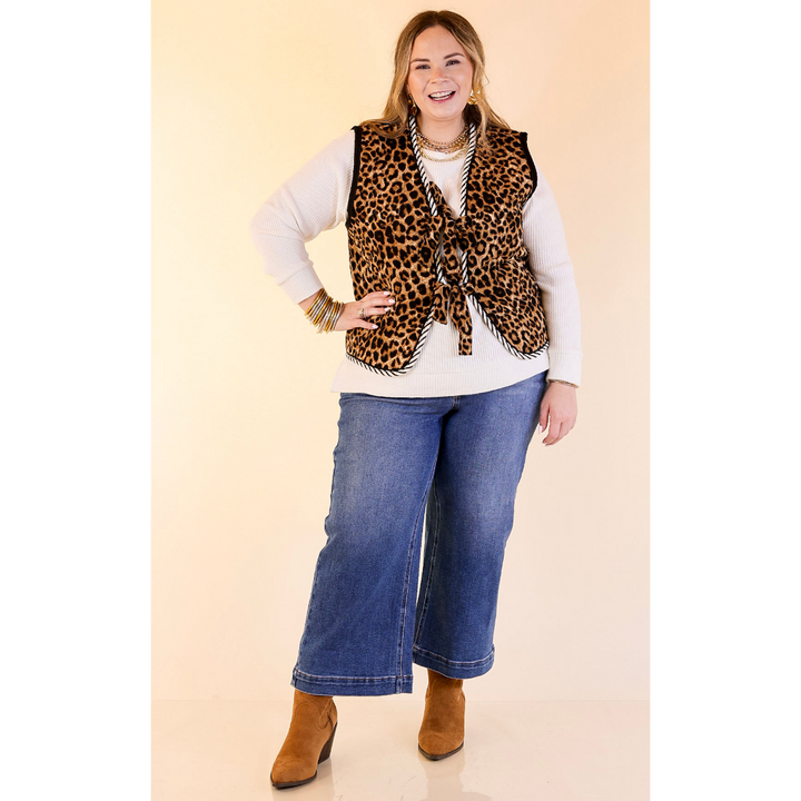 Wildly Chic Quilted Puffer Vest with Stripe Trim and Black Piping in Leopard Print