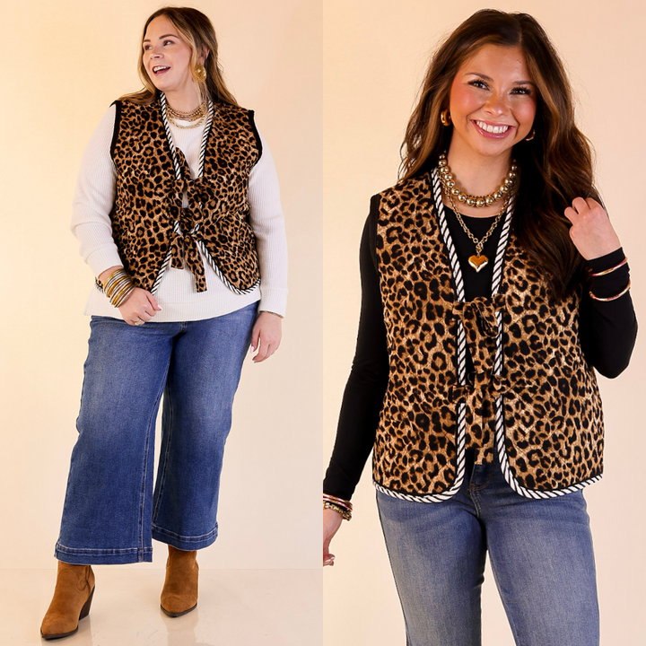 Two women wearing leopard print vests against a beige background