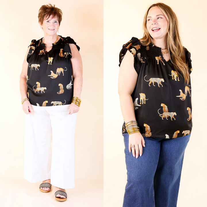 With a smocked yoke, ruffled collar and sleeves, and leopards scattered throughout, this top brings sweet charm and untamed style. Sizes small to large.