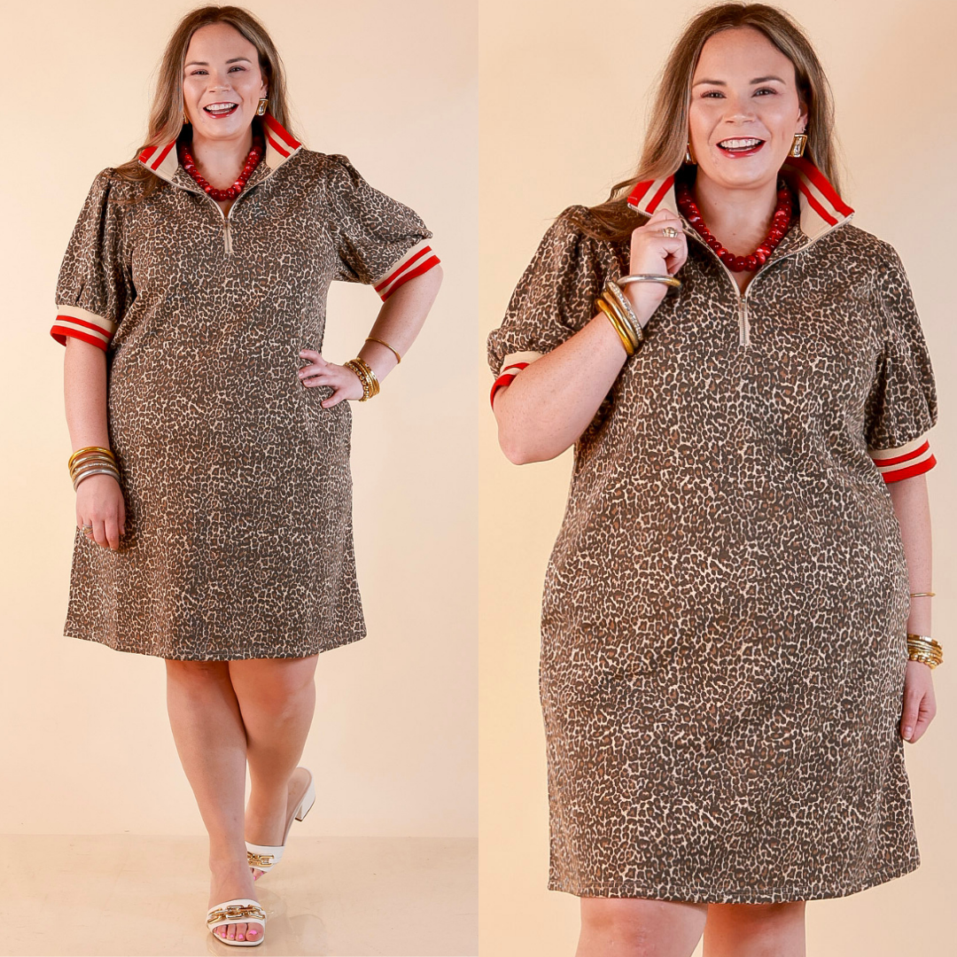 Winning Look Half Zip Puff Sleeve Dress with Contrast Trim in Leopard Print