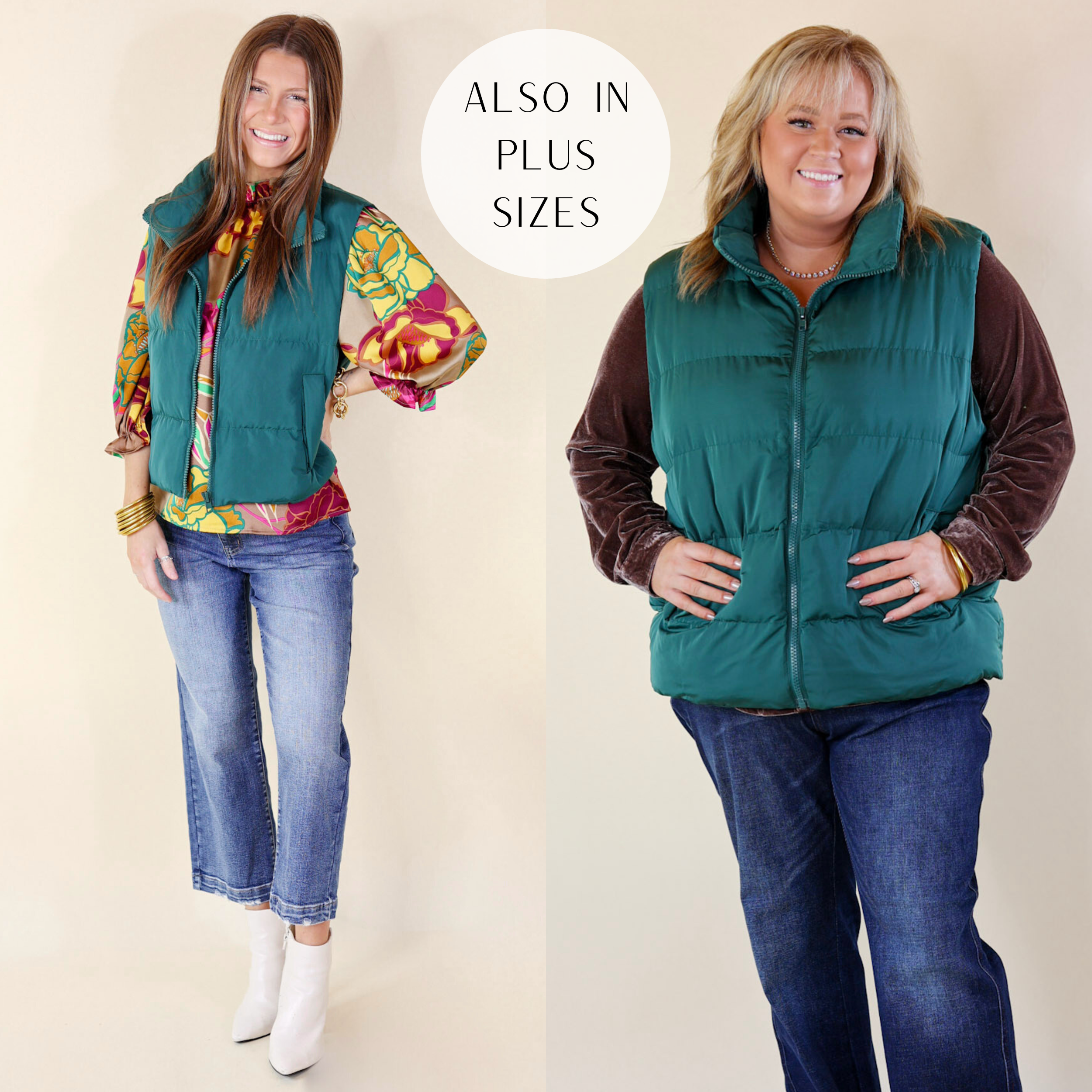 Models are wearing a hunter green puffer vest. Small model has it paired with Judy Blue jeans, white booties, and gold jewelry. Plus size model has it paired with a brown velvet top, dark washed jeans, and gold jewelry. 