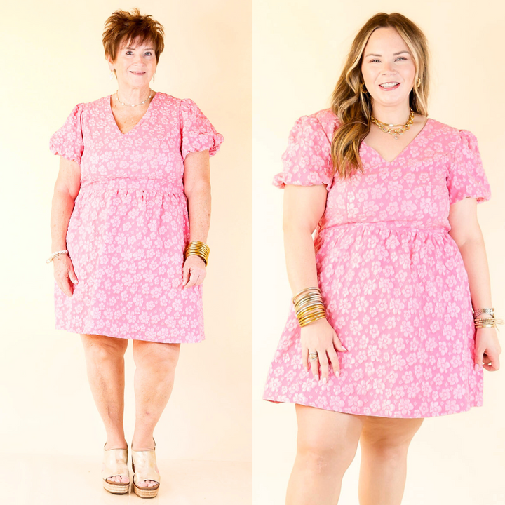 This floral number features a flattering v-neckline, puff sleeves, and a twirl-worthy A-line silhouette. Sizes small through 3X.