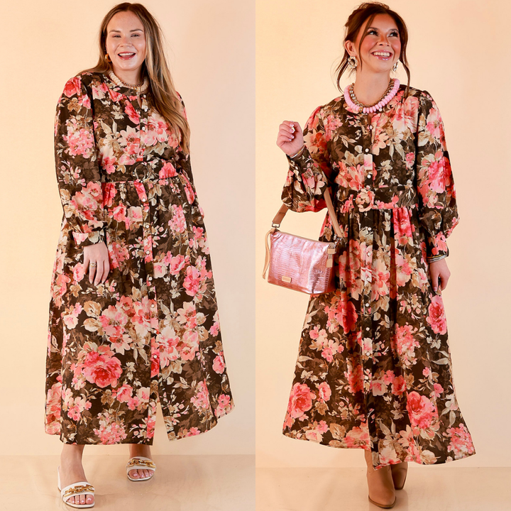 Written in the Roses Long Sleeve Floral Button Front Belted Midi Dress in Olive Green Multi