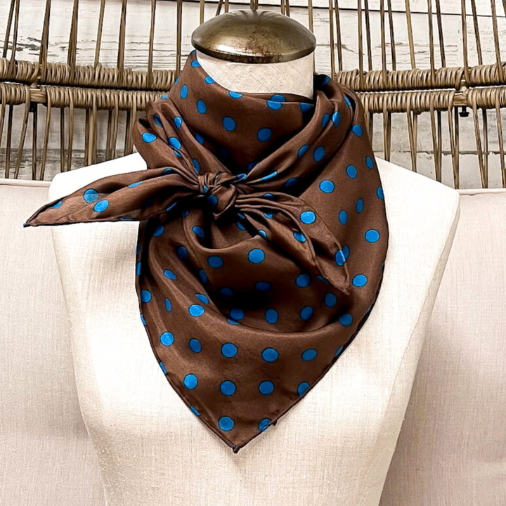 Wyoming Traders | Cowboy Polka Dot Silk Wild Rag Scarf in Mocha Brown and Turquoise