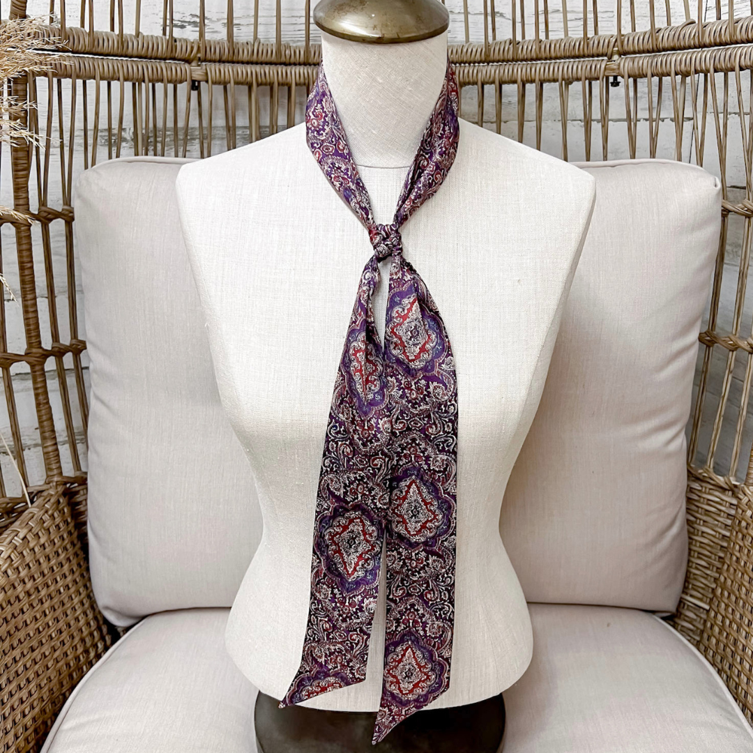 Wyoming Traders | Frontier Paisley Print Silk Twilly Scarf in Plum and Maroon