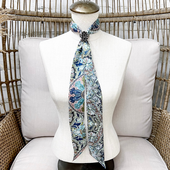 Wyoming Traders | Frontier Paisley Print Silk Twilly Scarf in Sage Green and White