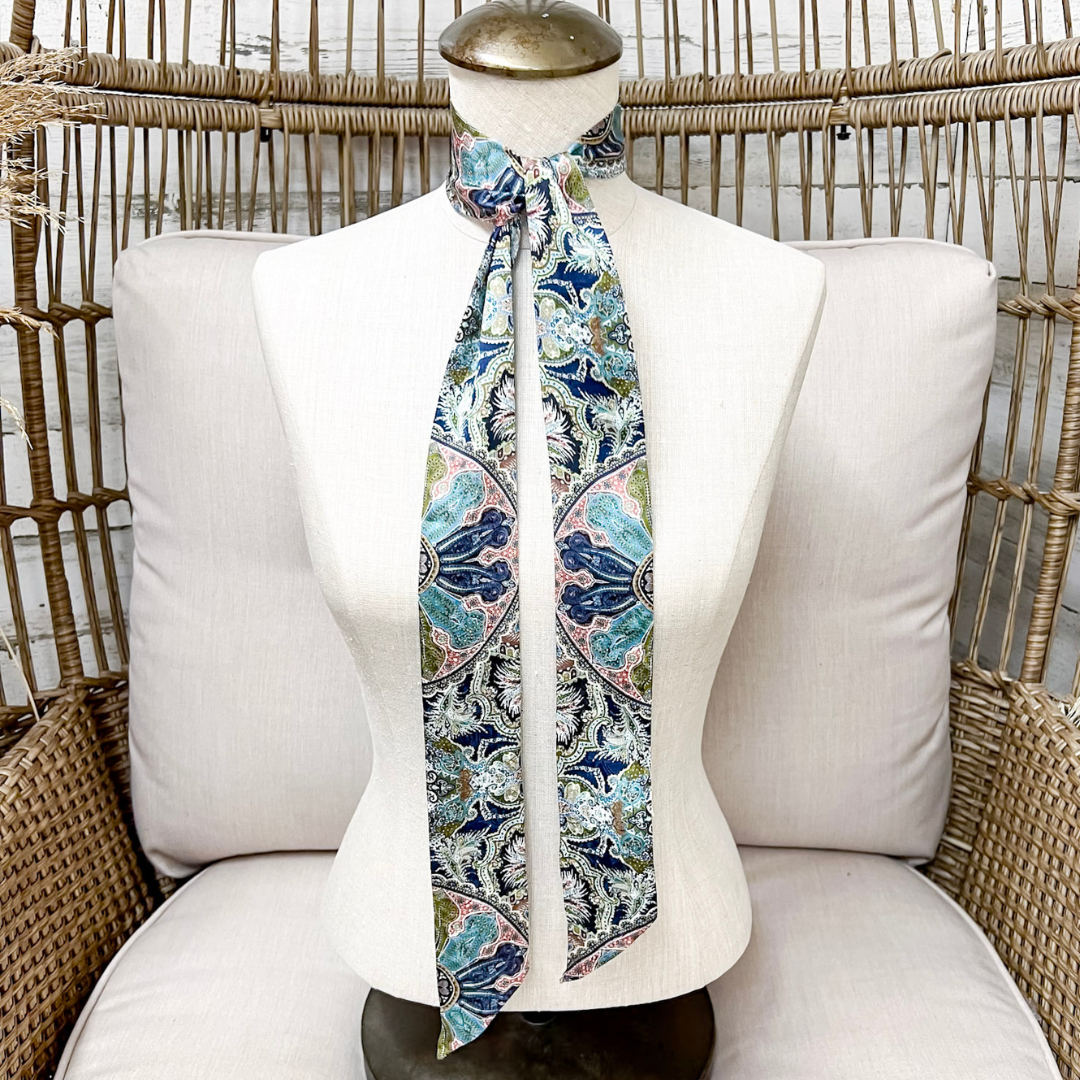Wyoming Traders | Frontier Paisley Print Silk Twilly Scarf in Sage Green and White