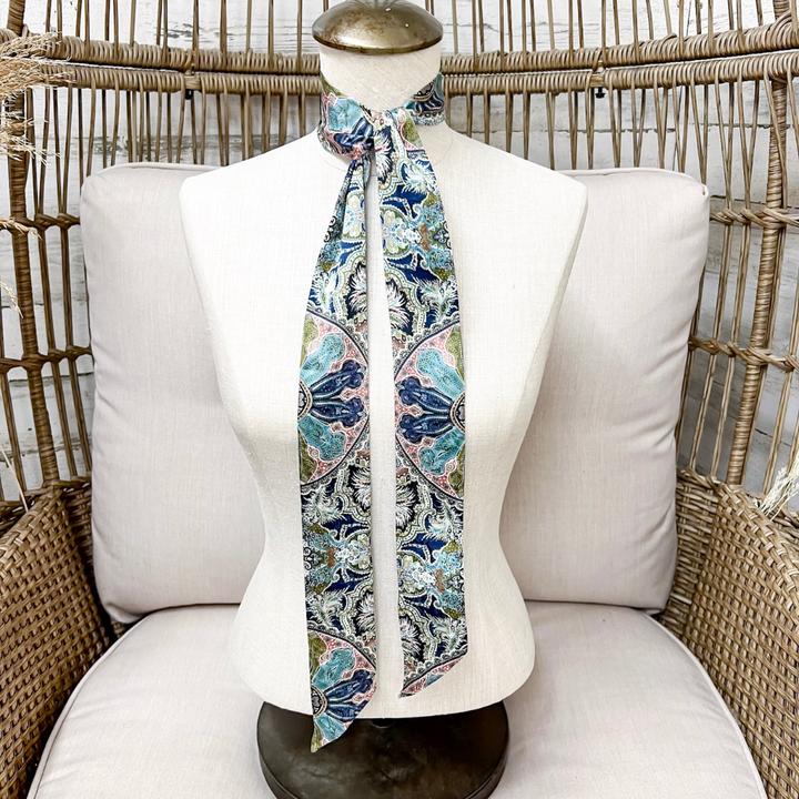 Wyoming Traders | Frontier Paisley Print Silk Twilly Scarf in Sage Green and White
