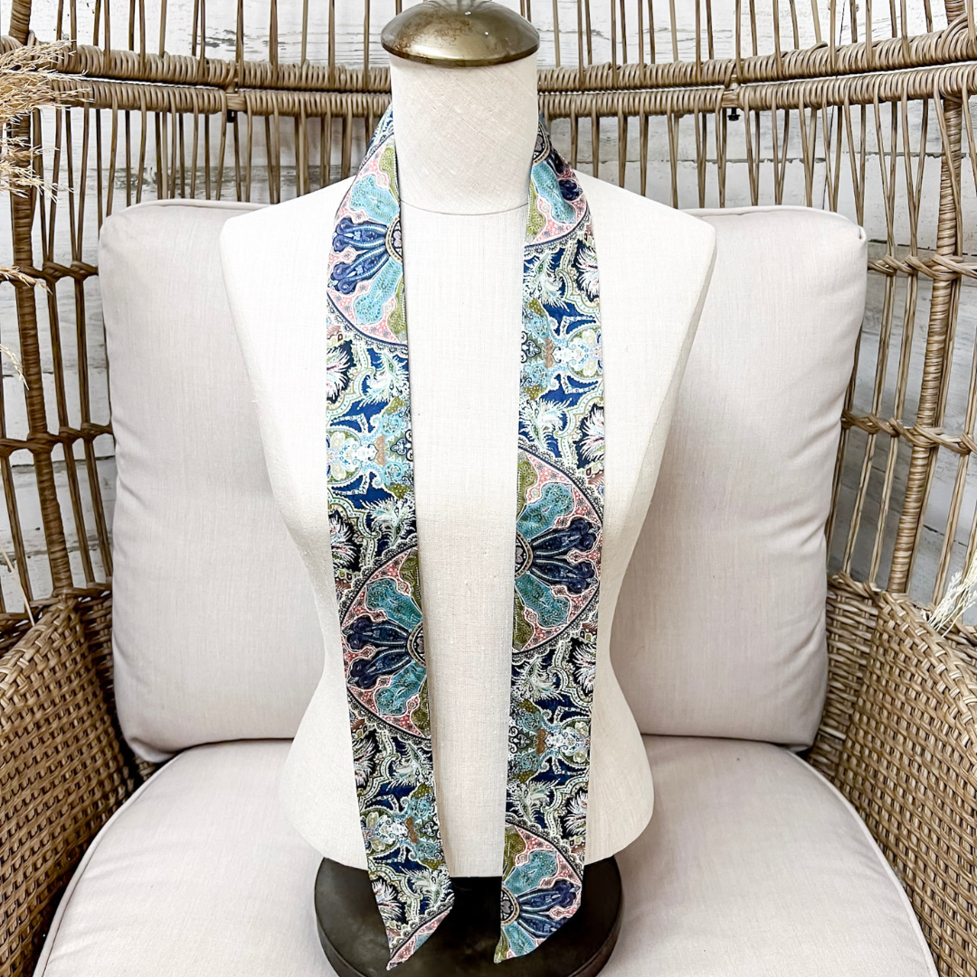 Wyoming Traders | Frontier Paisley Print Silk Twilly Scarf in Sage Green and White