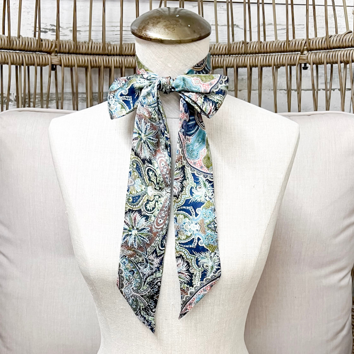 Wyoming Traders | Frontier Paisley Print Silk Twilly Scarf in Sage Green and White