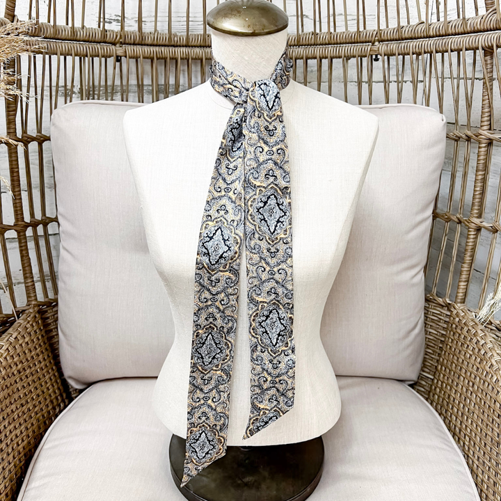 Wyoming Traders | Frontier Paisley Print Silk Twilly Scarf in Tan and Black