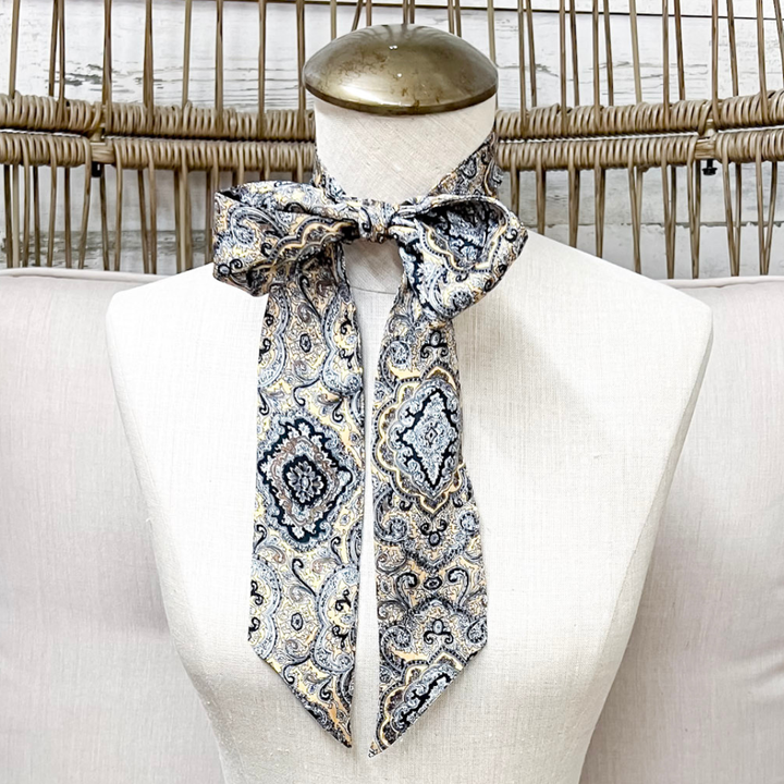 Wyoming Traders | Frontier Paisley Print Silk Twilly Scarf in Tan and Black