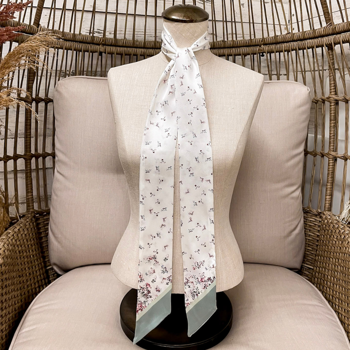 Wyoming Traders | Garden Charmeuse Floral Print Silk Twilly Scarf in White