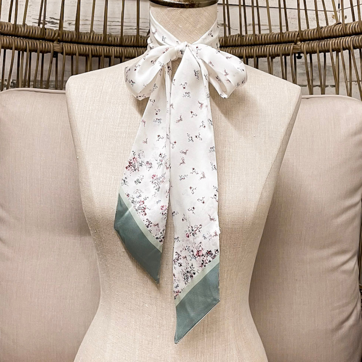 Wyoming Traders | Garden Charmeuse Floral Print Silk Twilly Scarf in White