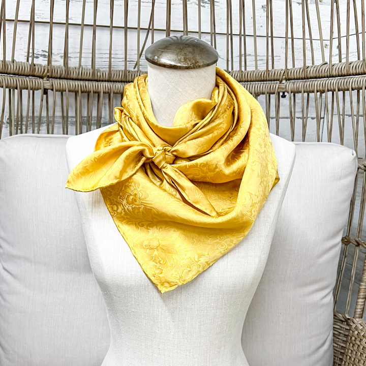 Wyoming Traders | Jacquard Print Silk Wild Rag Scarf in Gold