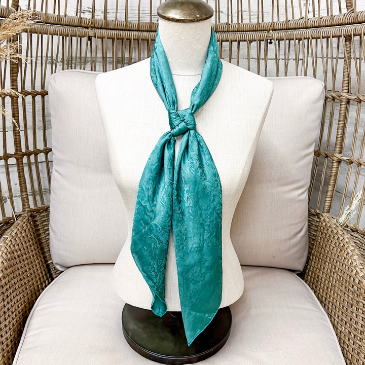 Wyoming Traders | Jacquard Print Silk Wild Rag Scarf in Teal Blue