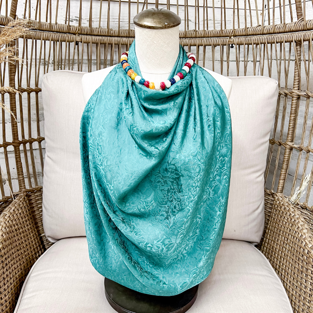 Wyoming Traders | Jacquard Print Silk Wild Rag Scarf in Teal Blue