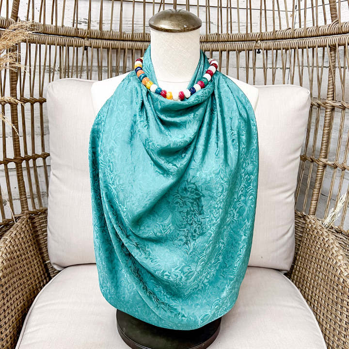 Wyoming Traders | Jacquard Print Silk Wild Rag Scarf in Teal Blue