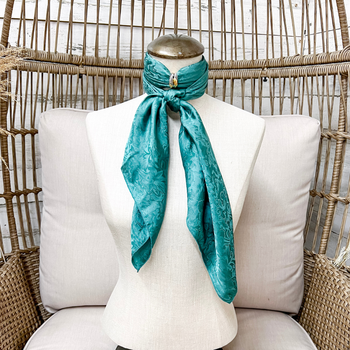 Wyoming Traders | Jacquard Print Silk Wild Rag Scarf in Teal Blue